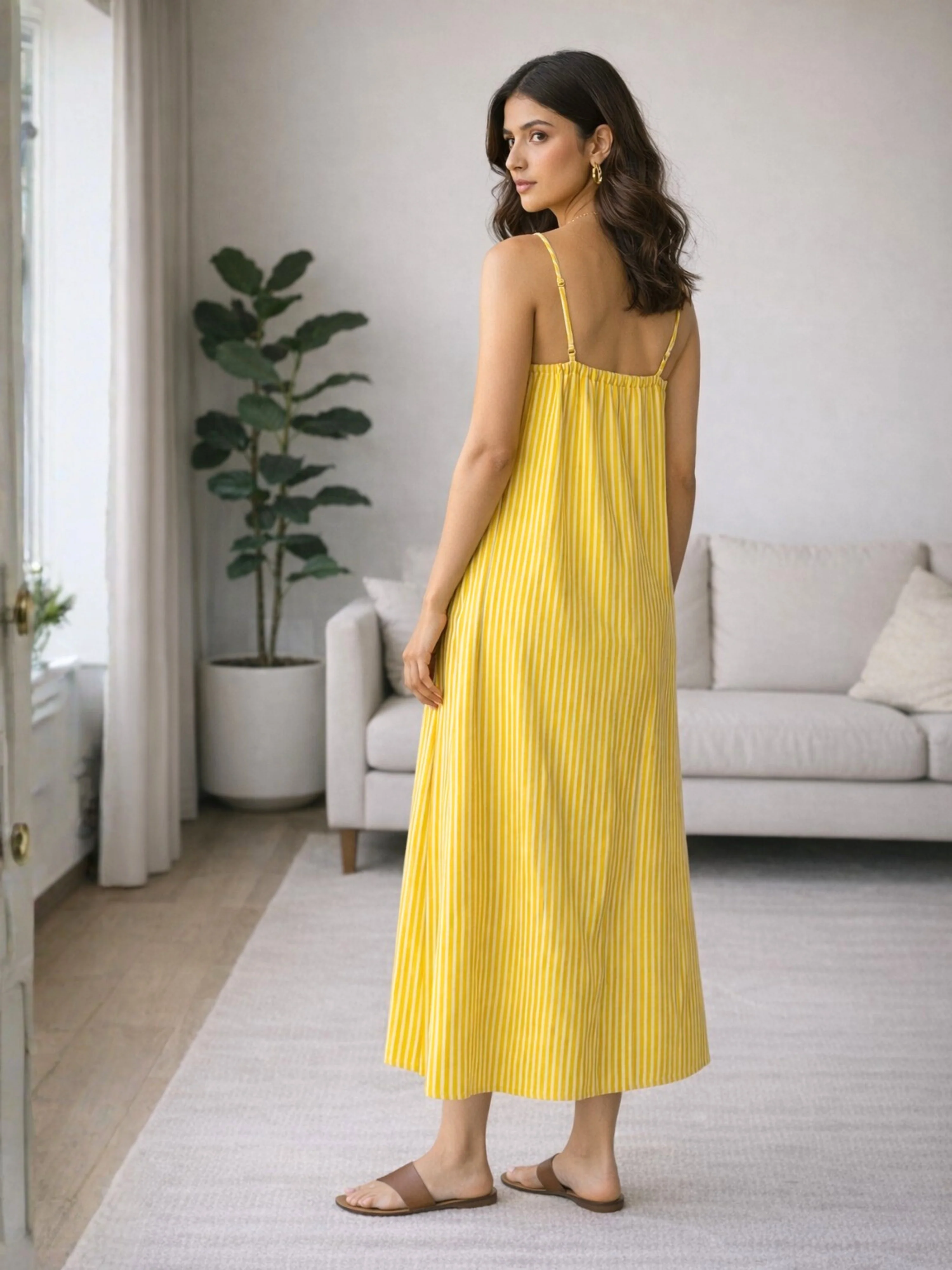 Yellow Sunbeam Stripe Pure Cotton Women's V-Neck Night Maxi - Image 2