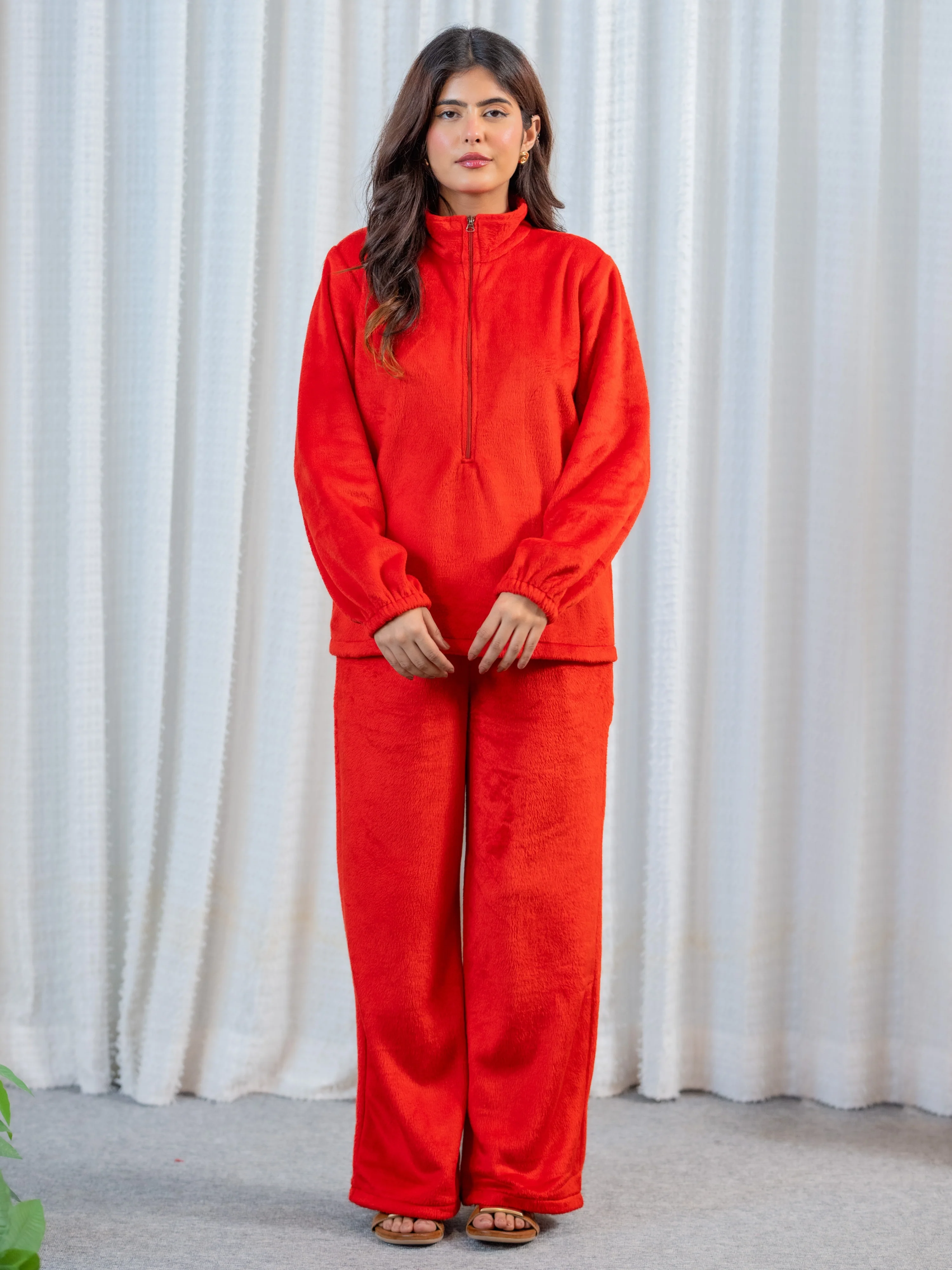 Zip-Up Super Soft Red Woollen Sweatshirt Set - Image 3