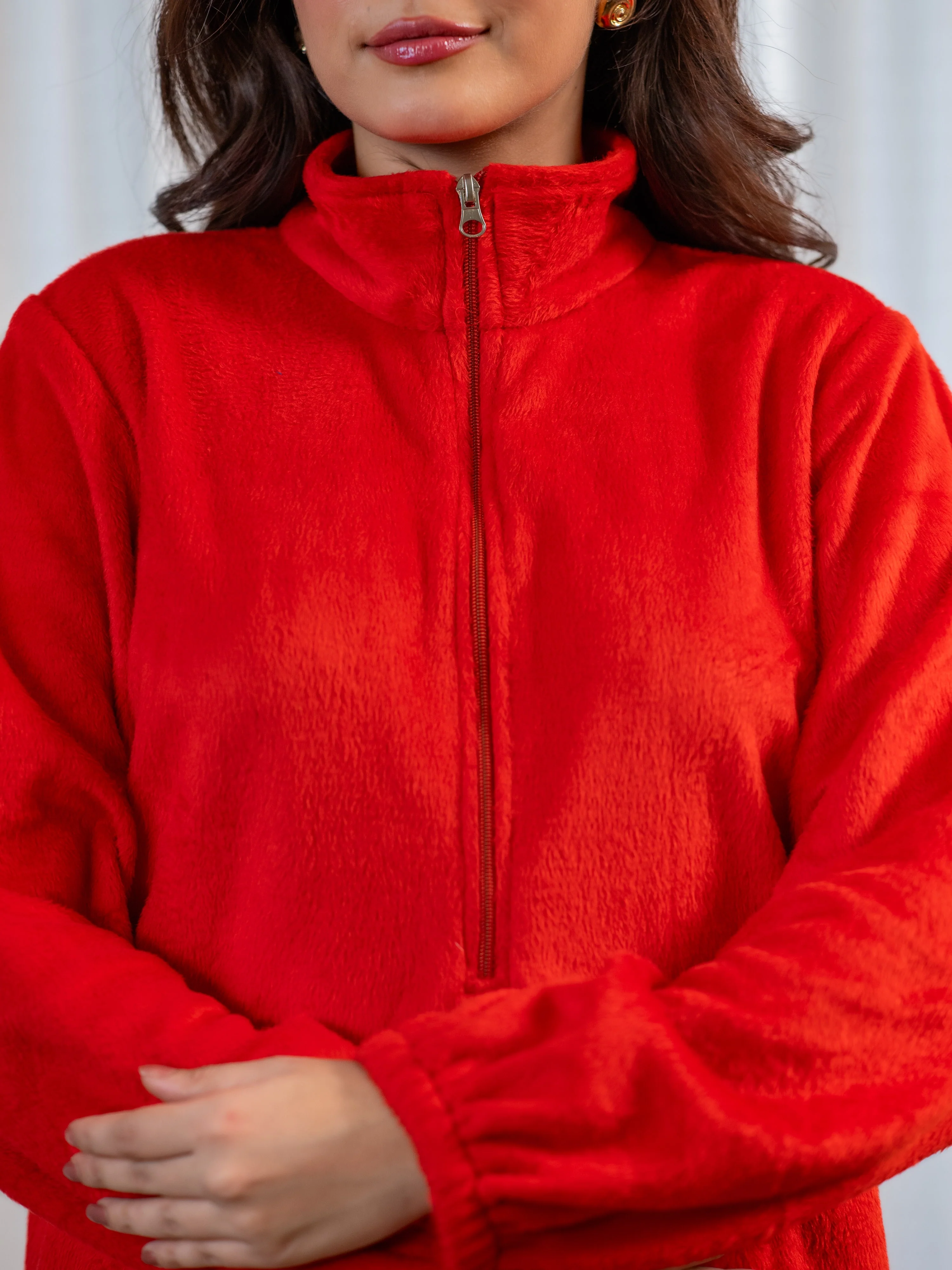 Zip-Up Super Soft Red Woollen Sweatshirt Set - Image 4