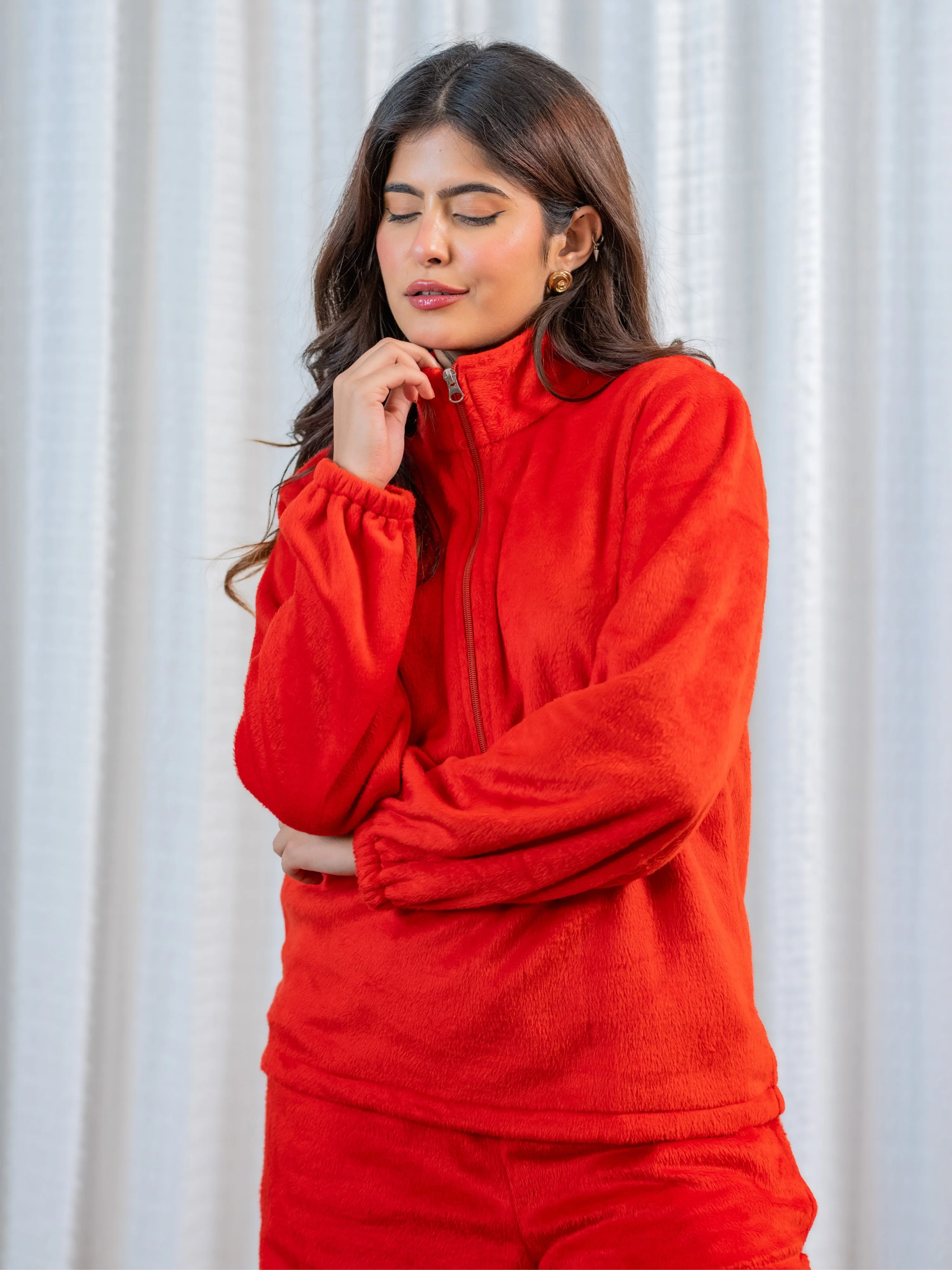 Zip-Up Super Soft Red Woollen Sweatshirt Set - Image 6